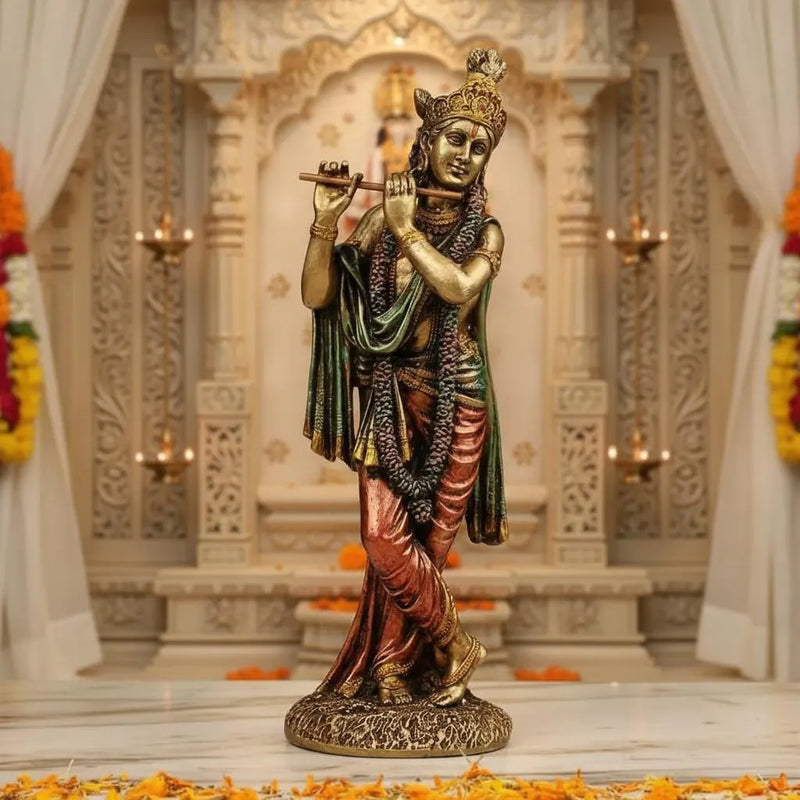 Lord Krishna Flute Playing Statue, Hand-Painted Resin Hindu Idol, Spiritual Home Temple Decor