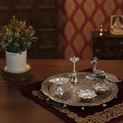 Handcrafted Metal Pooja Thali Set with Diya, Bell & Peacock Accent | Decorative Prayer Plate for Home Temple, Aarti, Diwali, Festivals & Spiritual Gift
