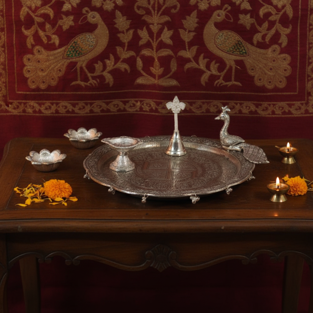 Handcrafted Metal Pooja Thali Set with Diya, Bell & Peacock Accent | Decorative Prayer Plate for Home Temple, Aarti, Diwali, Festivals & Spiritual Gift