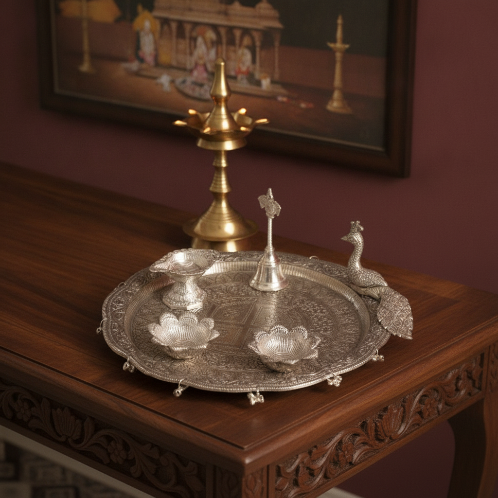 Handcrafted Metal Pooja Thali Set with Diya, Bell & Peacock Accent | Decorative Prayer Plate for Home Temple, Aarti, Diwali, Festivals & Spiritual Gift
