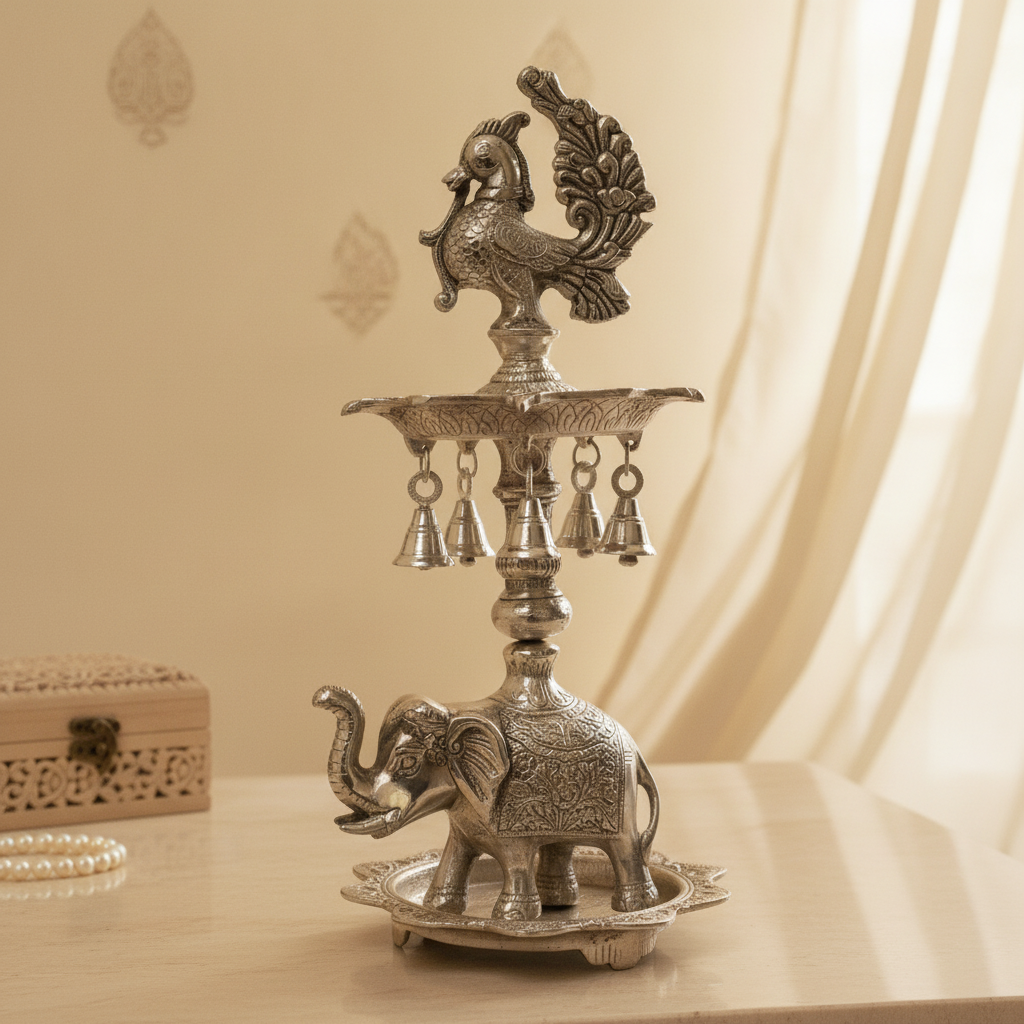 Handcrafted Metal Peacock Oil Lamp with Elephant Base & Hanging Bells | Decorative Traditional Diya for Home Temple, Pooja Room, Diwali Decor, Spiritual Gift
