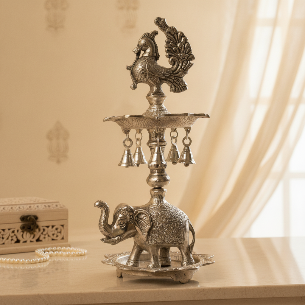 Handcrafted Metal Peacock Oil Lamp with Elephant Base & Hanging Bells | Decorative Traditional Diya for Home Temple, Pooja Room, Diwali Decor, Spiritual Gift