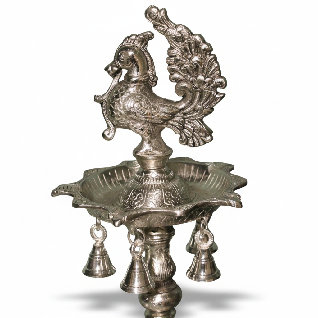 Handcrafted Metal Peacock Oil Lamp with Elephant Base & Hanging Bells | Decorative Traditional Diya for Home Temple, Pooja Room, Diwali Decor, Spiritual Gift
