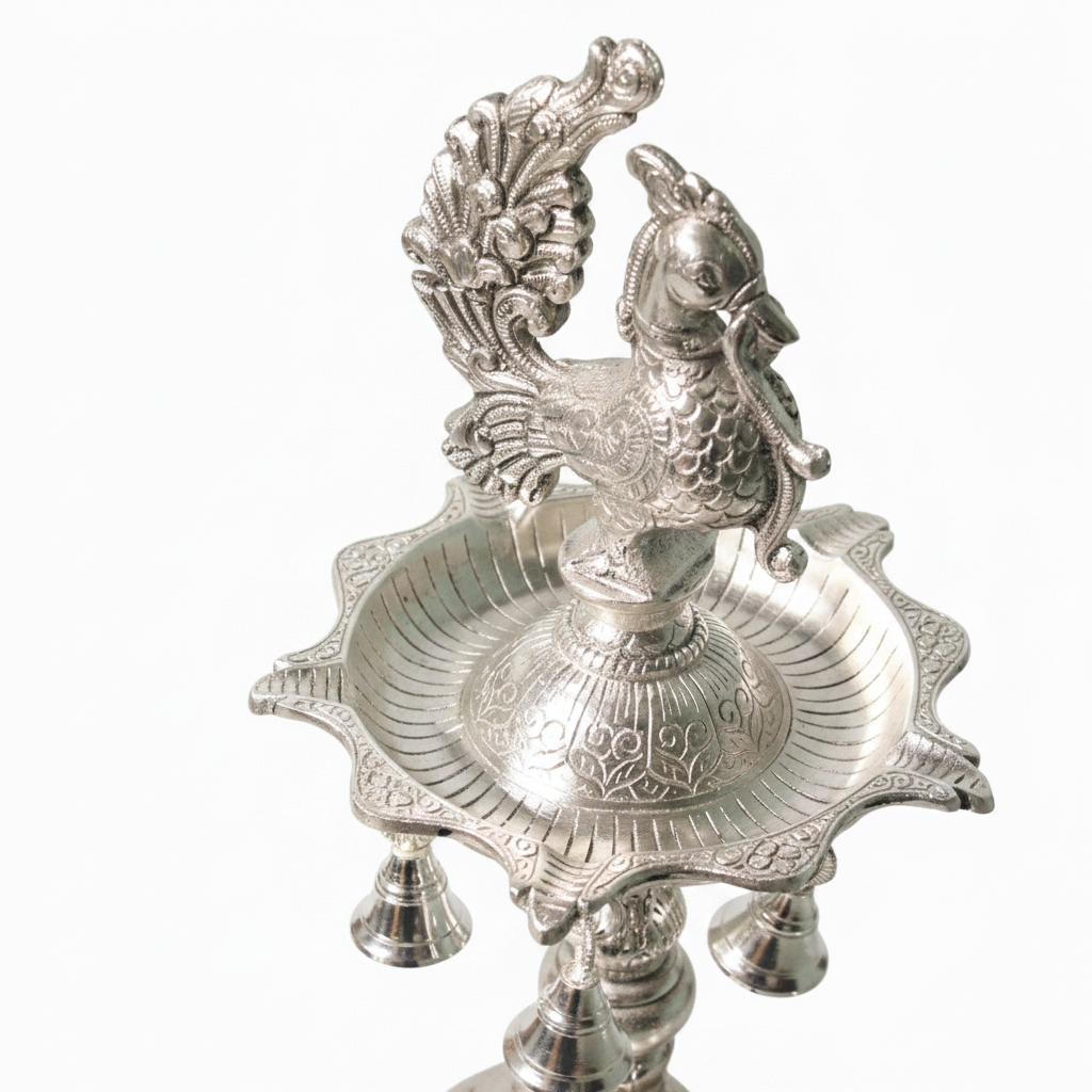 Handcrafted Metal Peacock Oil Lamp with Elephant Base & Hanging Bells | Decorative Traditional Diya for Home Temple, Pooja Room, Diwali Decor, Spiritual Gift
