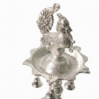 Handcrafted Metal Peacock Oil Lamp with Elephant Base & Hanging Bells | Decorative Traditional Diya for Home Temple, Pooja Room, Diwali Decor, Spiritual Gift