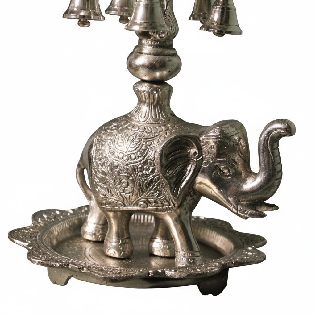Handcrafted Metal Peacock Oil Lamp with Elephant Base & Hanging Bells | Decorative Traditional Diya for Home Temple, Pooja Room, Diwali Decor, Spiritual Gift