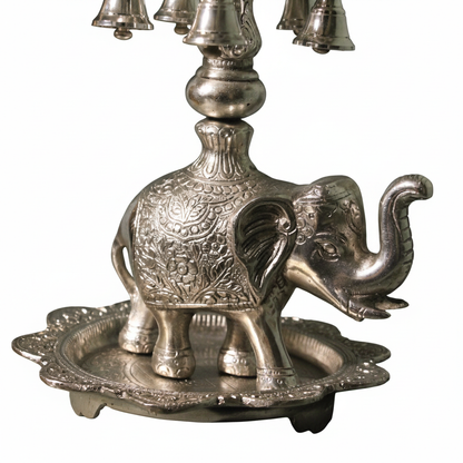 Handcrafted Metal Peacock Oil Lamp with Elephant Base & Hanging Bells | Decorative Traditional Diya for Home Temple, Pooja Room, Diwali Decor, Spiritual Gift