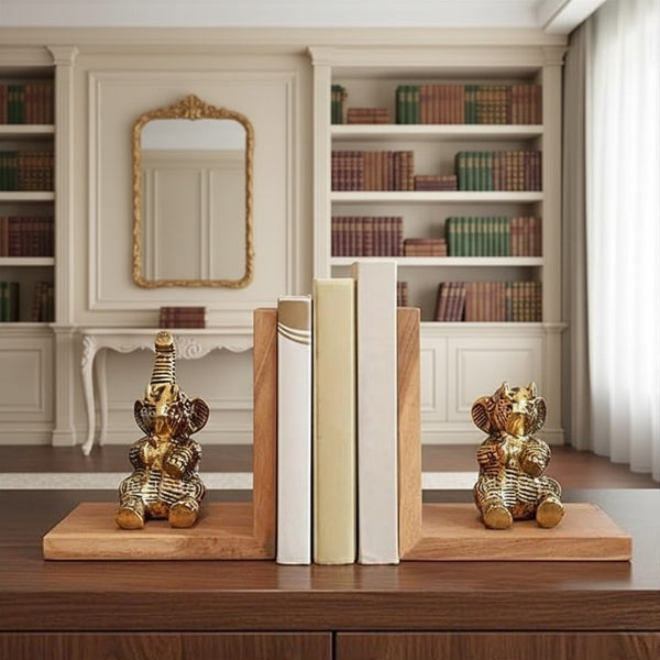 Elephant Bookends Set for Shelves | Premium Wooden Base with Aluminium Elephant Figurines | Heavy Book Stoppers for Kids Room, Home, Office | Perfect Birthday & Valentine’s Day Gift for Men
