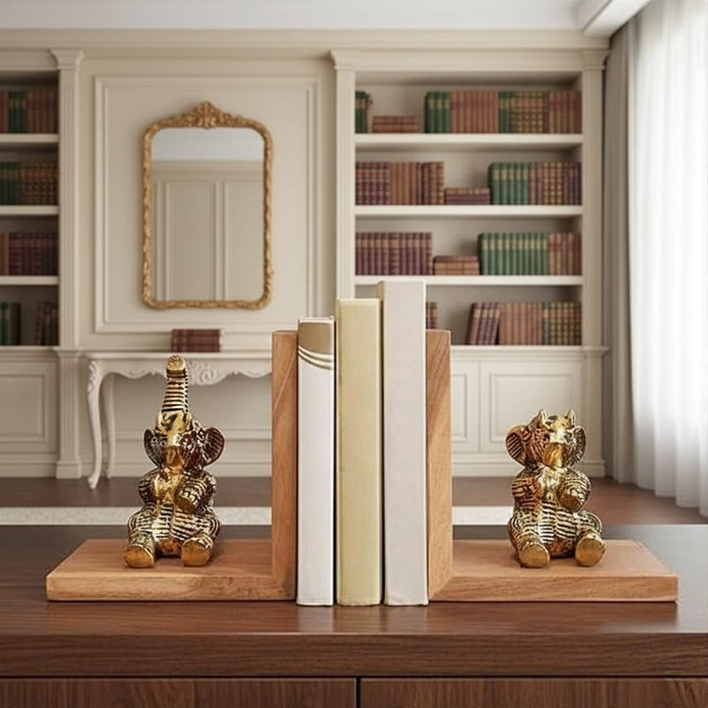 Elephant Bookends Set for Shelves | Premium Wooden Base with Aluminium Elephant Figurines | Heavy Book Stoppers for Kids Room, Home, Office | Perfect Birthday & Valentine’s Day Gift for Men
