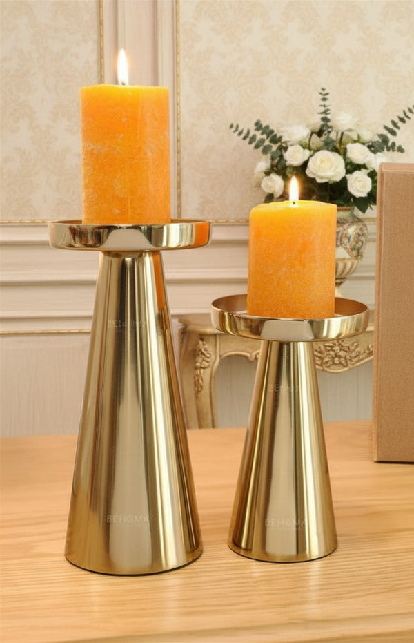 Solid Large Metal Pillar Candle Holders with Gift Box | Centerpieces for Home Decor Coffee Table | Candles Stand for Wedding Gift, Housewarming | Golden, Set of 2 (Candles are not Included)
