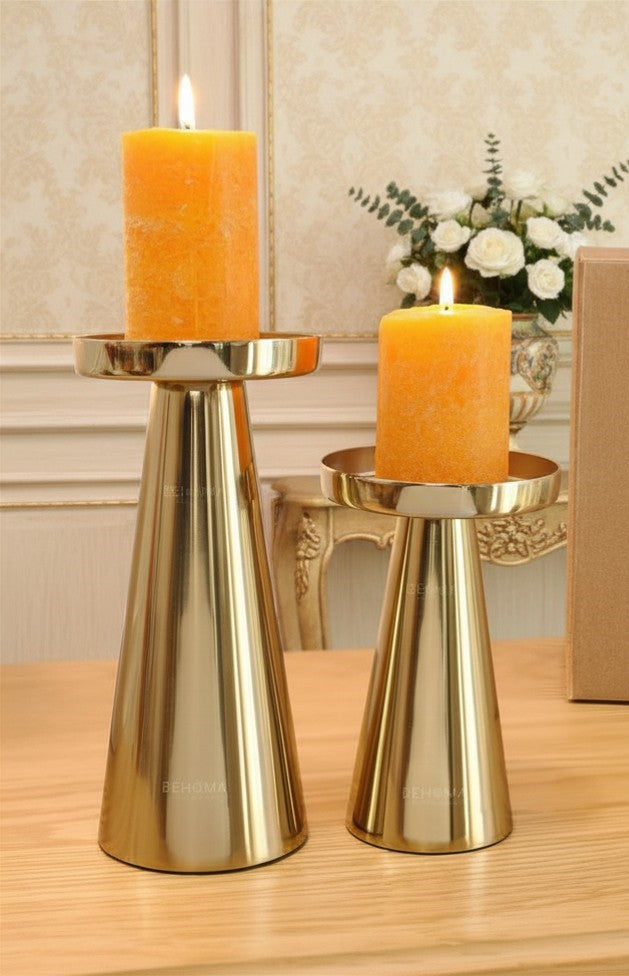 Solid Large Metal Pillar Candle Holders with Gift Box | Centerpieces for Home Decor Coffee Table | Candles Stand for Wedding Gift, Housewarming | Golden, Set of 2 (Candles are not Included)