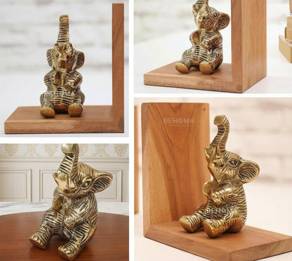 BEHOMA Elephant Bookends Set for Shelves | Premium Wooden Base with Aluminium Elephant Figurines | Heavy Book Stoppers for Kids Room, Home, Office | Perfect Birthday & Valentine’s Day Gift for Men
