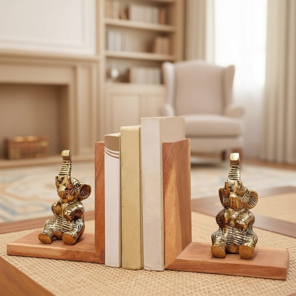 BEHOMA Elephant Bookends Set for Shelves | Premium Wooden Base with Aluminium Elephant Figurines | Heavy Book Stoppers for Kids Room, Home, Office | Perfect Birthday & Valentine’s Day Gift for Men