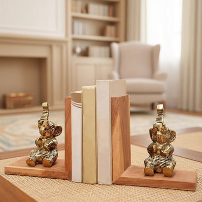 BEHOMA Elephant Bookends Set for Shelves | Premium Wooden Base with Aluminium Elephant Figurines | Heavy Book Stoppers for Kids Room, Home, Office | Perfect Birthday & Valentine’s Day Gift for Men