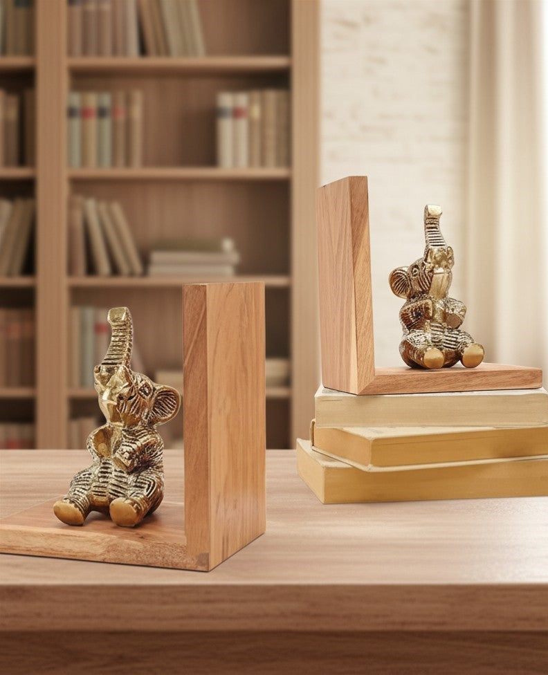 Elephant Bookends Set for Shelves | Premium Wooden Base with Aluminium Elephant Figurines | Heavy Book Stoppers for Kids Room, Home, Office | Perfect Birthday & Valentine’s Day Gift for Men