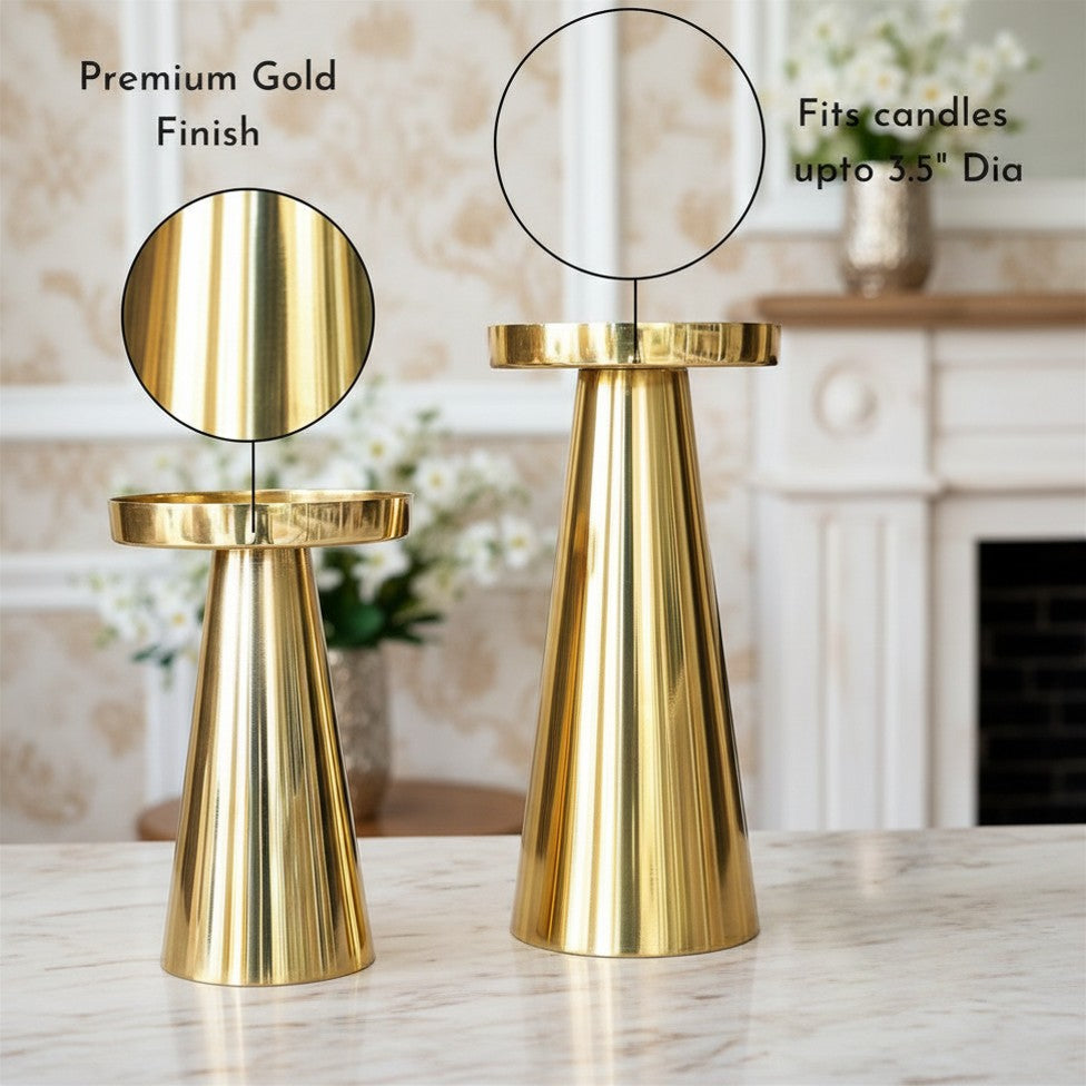Behoma Solid Large Metal Pillar Candle Holders with Gift Box | Centerpieces for Home Decor Coffee Table | Candles Stand for Wedding Gift, Housewarming | Golden, Set of 2 (Candles are not Included)