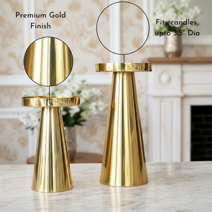 Behoma Solid Large Metal Pillar Candle Holders with Gift Box | Centerpieces for Home Decor Coffee Table | Candles Stand for Wedding Gift, Housewarming | Golden, Set of 2 (Candles are not Included)
