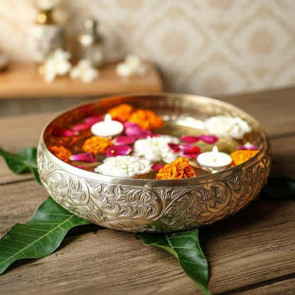 Click to see full view   2 VIDEOS     4+ BEHOMA Golden Aluminium Chitai Design 10" inch Urli | Navratri Durga Puja Indoor Outdoor Center Table Flower Decorative Bowl | Urali for Haldi, Mehandi, Wedding & Home Decor, Brass Finish 1Pc, 2000 ml