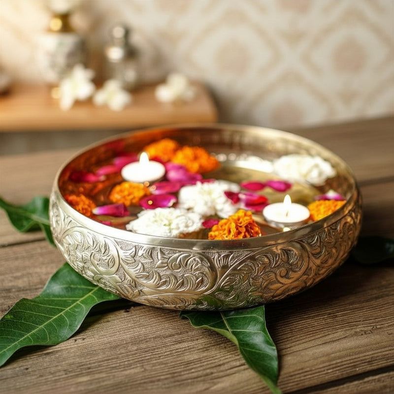 Golden Aluminium Chitai Design 10" inch Urli | Navratri Durga Puja Indoor Outdoor Center Table Flower Decorative Bowl | Urali for Haldi, Mehandi, Wedding & Home Decor, Brass Finish 1Pc, 2000 ml