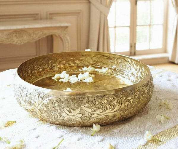 Golden Aluminium Chitai Design 10" inch Urli | Navratri Durga Puja Indoor Outdoor Center Table Flower Decorative Bowl | Urali for Haldi, Mehandi, Wedding & Home Decor, Brass Finish 1Pc, 2000 ml