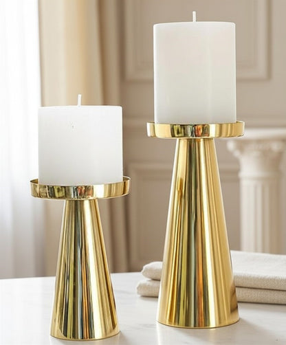 Behoma Solid Large Metal Pillar Candle Holders with Gift Box | Centerpieces for Home Decor Coffee Table | Candles Stand for Wedding Gift, Housewarming | Golden, Set of 2 (Candles are not Included)