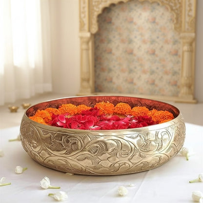 Click to see full view   2 VIDEOS     4+ BEHOMA Golden Aluminium Chitai Design 10" inch Urli | Navratri Durga Puja Indoor Outdoor Center Table Flower Decorative Bowl | Urali for Haldi, Mehandi, Wedding & Home Decor, Brass Finish 1Pc, 2000 ml