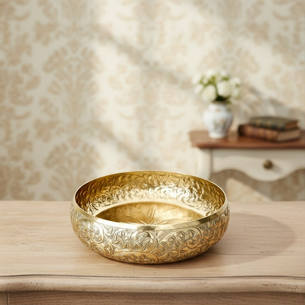 Click to see full view   2 VIDEOS     4+ BEHOMA Golden Aluminium Chitai Design 10" inch Urli | Navratri Durga Puja Indoor Outdoor Center Table Flower Decorative Bowl | Urali for Haldi, Mehandi, Wedding & Home Decor, Brass Finish 1Pc, 2000 ml