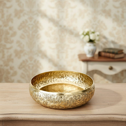 Click to see full view   2 VIDEOS     4+ BEHOMA Golden Aluminium Chitai Design 10" inch Urli | Navratri Durga Puja Indoor Outdoor Center Table Flower Decorative Bowl | Urali for Haldi, Mehandi, Wedding & Home Decor, Brass Finish 1Pc, 2000 ml