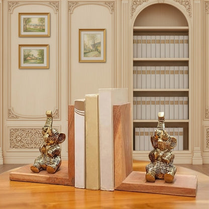 BEHOMA Elephant Bookends Set for Shelves | Premium Wooden Base with Aluminium Elephant Figurines | Heavy Book Stoppers for Kids Room, Home, Office | Perfect Birthday & Valentine’s Day Gift for Men