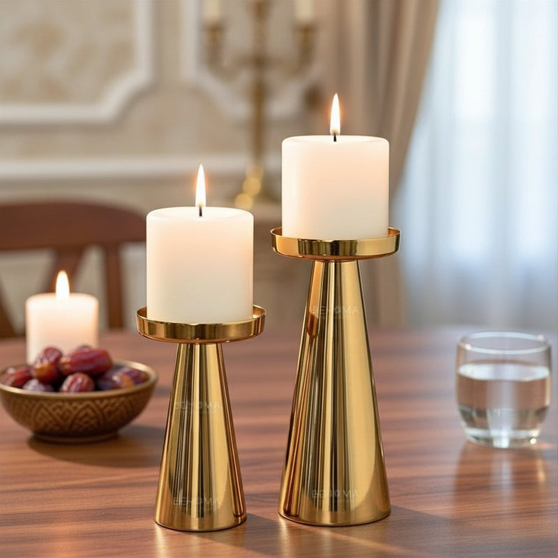 Solid Large Metal Pillar Candle Holders with Gift Box | Centerpieces for Home Decor Coffee Table | Candles Stand for Wedding Gift, Housewarming | Golden, Set of 2 (Candles are not Included)