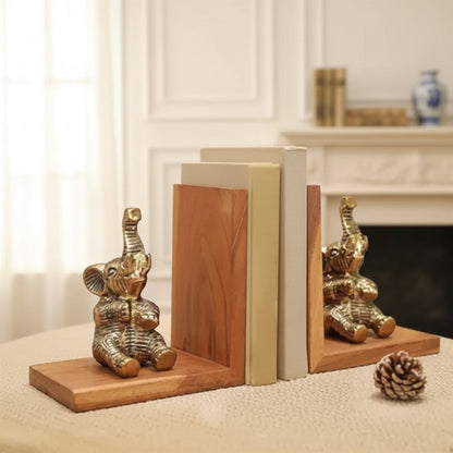 BEHOMA Elephant Bookends Set for Shelves | Premium Wooden Base with Aluminium Elephant Figurines | Heavy Book Stoppers for Kids Room, Home, Office | Perfect Birthday & Valentine’s Day Gift for Men