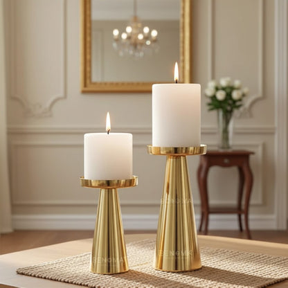 Behoma Solid Large Metal Pillar Candle Holders with Gift Box | Centerpieces for Home Decor Coffee Table | Candles Stand for Wedding Gift, Housewarming | Golden, Set of 2 (Candles are not Included)
