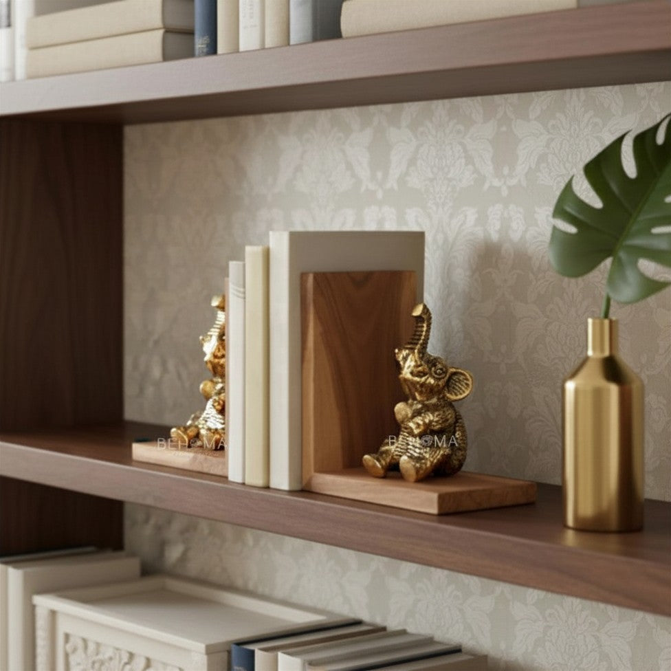 BEHOMA Elephant Bookends Set for Shelves | Premium Wooden Base with Aluminium Elephant Figurines | Heavy Book Stoppers for Kids Room, Home, Office | Perfect Birthday & Valentine’s Day Gift for Men