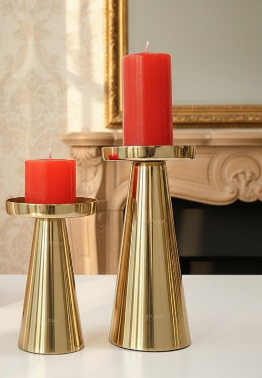 Behoma Solid Large Metal Pillar Candle Holders with Gift Box | Centerpieces for Home Decor Coffee Table | Candles Stand for Wedding Gift, Housewarming | Golden, Set of 2 (Candles are not Included)