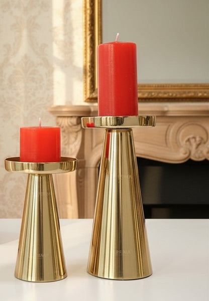 Behoma Solid Large Metal Pillar Candle Holders with Gift Box | Centerpieces for Home Decor Coffee Table | Candles Stand for Wedding Gift, Housewarming | Golden, Set of 2 (Candles are not Included)
