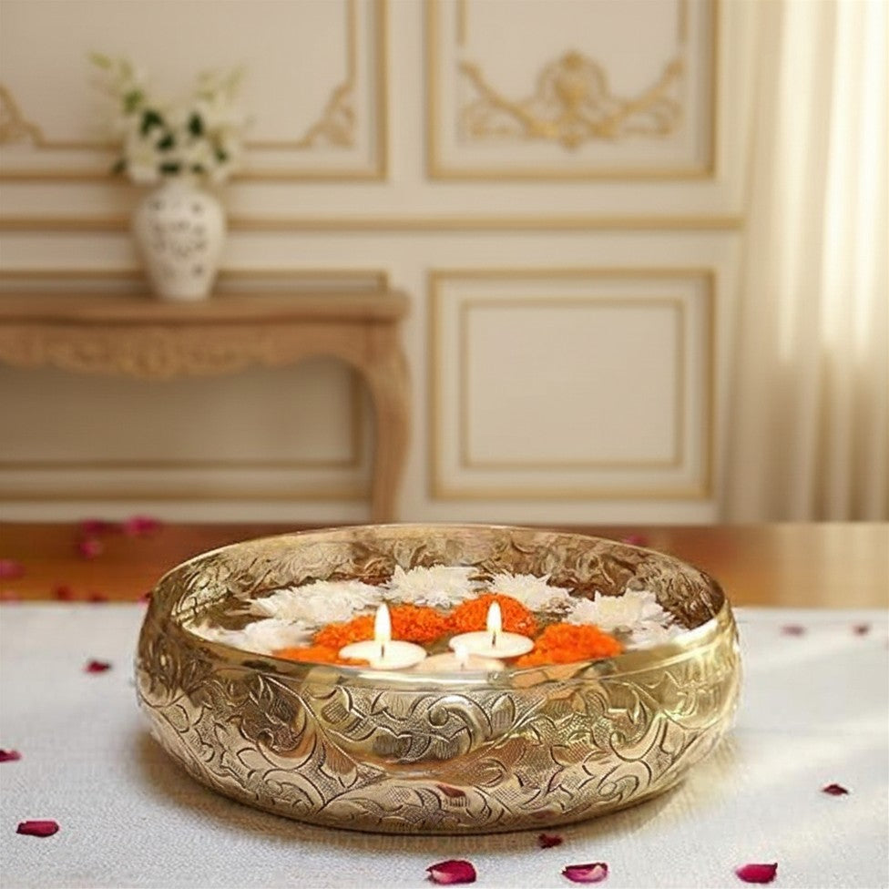 Click to see full view   2 VIDEOS     4+ BEHOMA Golden Aluminium Chitai Design 10" inch Urli | Navratri Durga Puja Indoor Outdoor Center Table Flower Decorative Bowl | Urali for Haldi, Mehandi, Wedding & Home Decor, Brass Finish 1Pc, 2000 ml