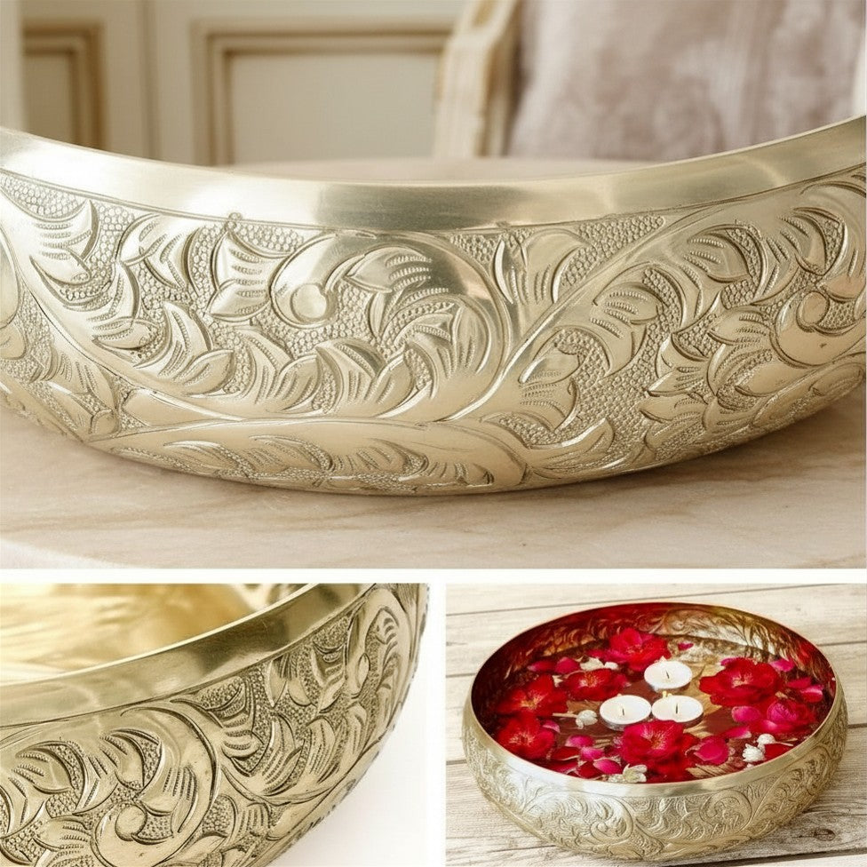 Click to see full view   2 VIDEOS     4+ BEHOMA Golden Aluminium Chitai Design 10" inch Urli | Navratri Durga Puja Indoor Outdoor Center Table Flower Decorative Bowl | Urali for Haldi, Mehandi, Wedding & Home Decor, Brass Finish 1Pc, 2000 ml