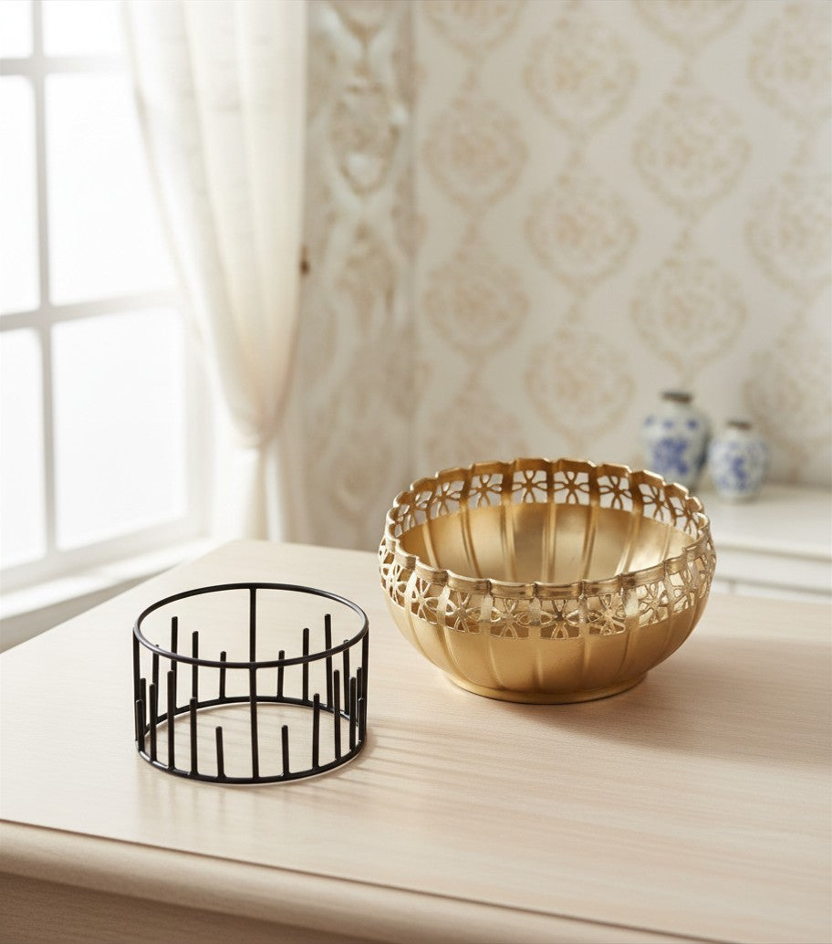 Two Moustaches 8 Inches Ethnic Design Decorative Metal Urli Bowl with Stand, Urli Bowl for Home Decor, Flowers Decoration Bowl, Bowl for Floating Flowers,Housewarming Gifts, Black & Golden, Pack of 1