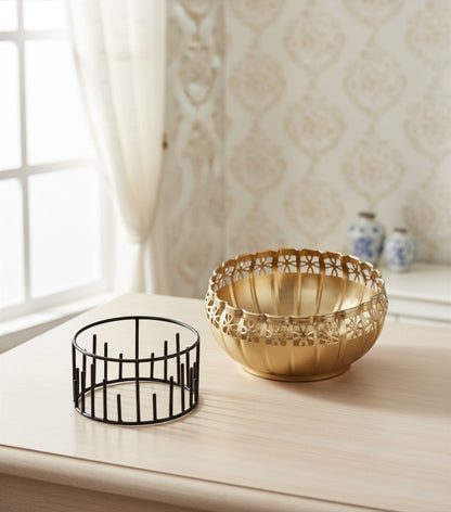 Two Moustaches 8 Inches Ethnic Design Decorative Metal Urli Bowl with Stand, Urli Bowl for Home Decor, Flowers Decoration Bowl, Bowl for Floating Flowers,Housewarming Gifts, Black & Golden, Pack of 1