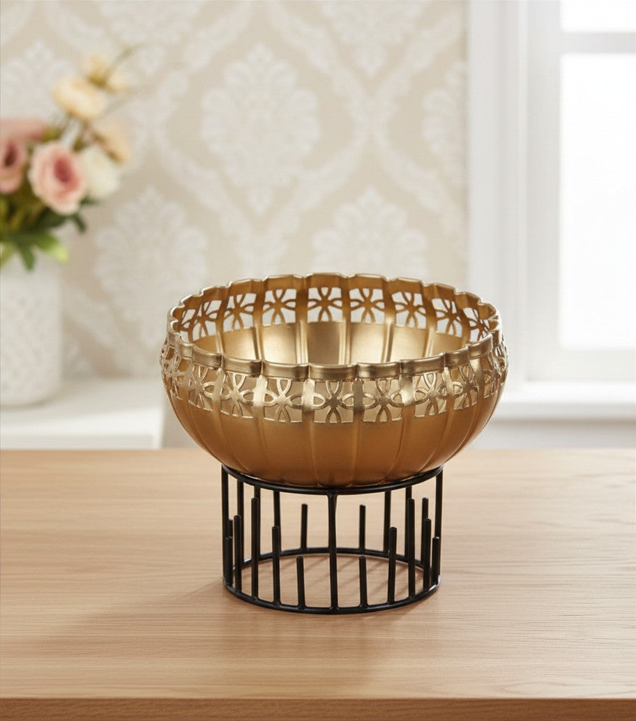 Two Moustaches 8 Inches Ethnic Design Decorative Metal Urli Bowl with Stand, Urli Bowl for Home Decor, Flowers Decoration Bowl, Bowl for Floating Flowers,Housewarming Gifts, Black & Golden, Pack of 1
