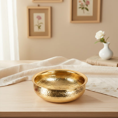 BEHOMA Classic Golden Aluminium Hammered 10" inch Urli | Navratri Durga Puja Indoor Outdoor Center Table Flower Decorative Bowl | Urali for Haldi, Mehandi, Wedding & Home Decor, Brass Finish 1Pc, 2l