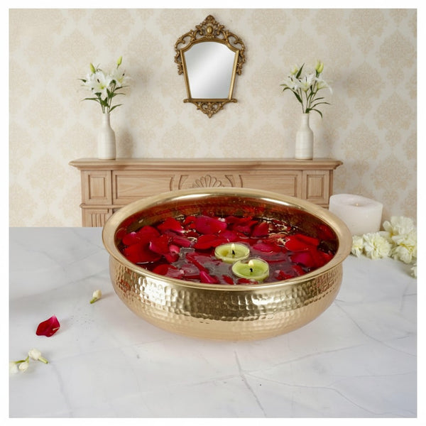 Classic Golden Aluminium Hammered 10" inch Urli | Navratri Durga Puja Indoor Outdoor Center Table Flower Decorative Bowl | Urali for Haldi, Mehandi, Wedding & Home Decor, Brass Finish 1Pc, 2l