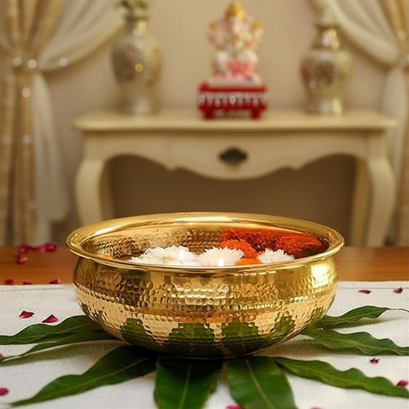 Classic Golden Aluminium Hammered 10" inch Urli | Navratri Durga Puja Indoor Outdoor Center Table Flower Decorative Bowl | Urali for Haldi, Mehandi, Wedding & Home Decor, Brass Finish 1Pc, 2l