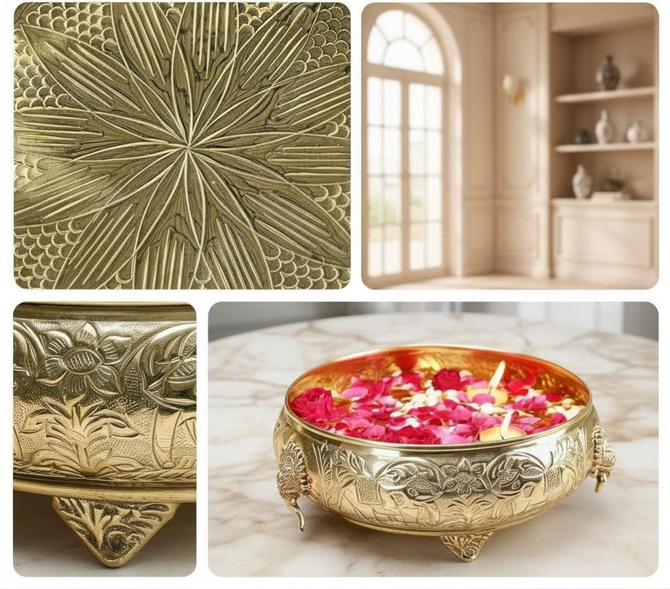 Click to see full view   2 VIDEOS     4+ BEHOMA Ethnic Carved Elephant Design 12 Inch Brass Urli Decor Bowl, Golden Center Table Flower Decorative Bowl for Home Decor, Urali for Diwali, Navratri Pooja, Durga Puja & Deepawali Decoration, 1 pc
