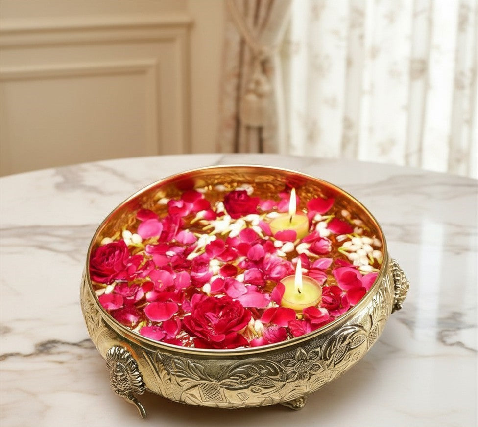 Click to see full view   2 VIDEOS     4+ BEHOMA Ethnic Carved Elephant Design 12 Inch Brass Urli Decor Bowl, Golden Center Table Flower Decorative Bowl for Home Decor, Urali for Diwali, Navratri Pooja, Durga Puja & Deepawali Decoration, 1 pc