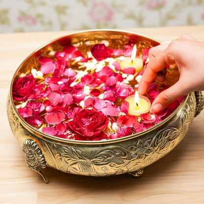Click to see full view   2 VIDEOS     4+ BEHOMA Ethnic Carved Elephant Design 12 Inch Brass Urli Decor Bowl, Golden Center Table Flower Decorative Bowl for Home Decor, Urali for Diwali, Navratri Pooja, Durga Puja & Deepawali Decoration, 1 pc