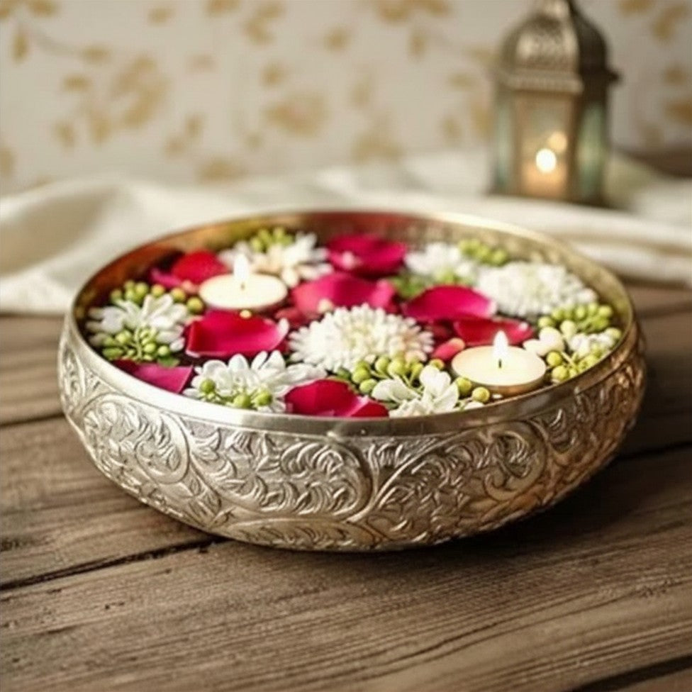 Click to see full view   2 VIDEOS     4+ BEHOMA Golden Aluminium Chitai Design 10" inch Urli | Navratri Durga Puja Indoor Outdoor Center Table Flower Decorative Bowl | Urali for Haldi, Mehandi, Wedding & Home Decor, Brass Finish 1Pc, 2000 ml