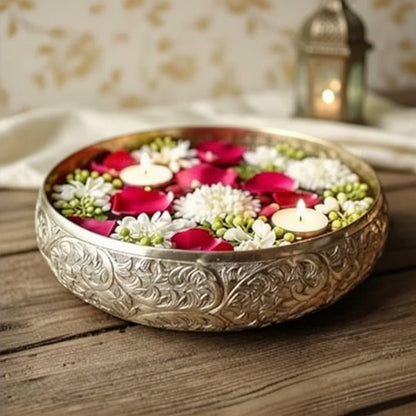 Click to see full view   2 VIDEOS     4+ BEHOMA Golden Aluminium Chitai Design 10" inch Urli | Navratri Durga Puja Indoor Outdoor Center Table Flower Decorative Bowl | Urali for Haldi, Mehandi, Wedding & Home Decor, Brass Finish 1Pc, 2000 ml
